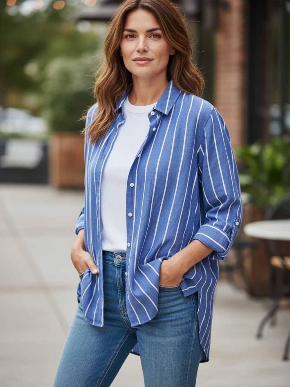 Max Studio Blue and White Striped Button-Down Shirt